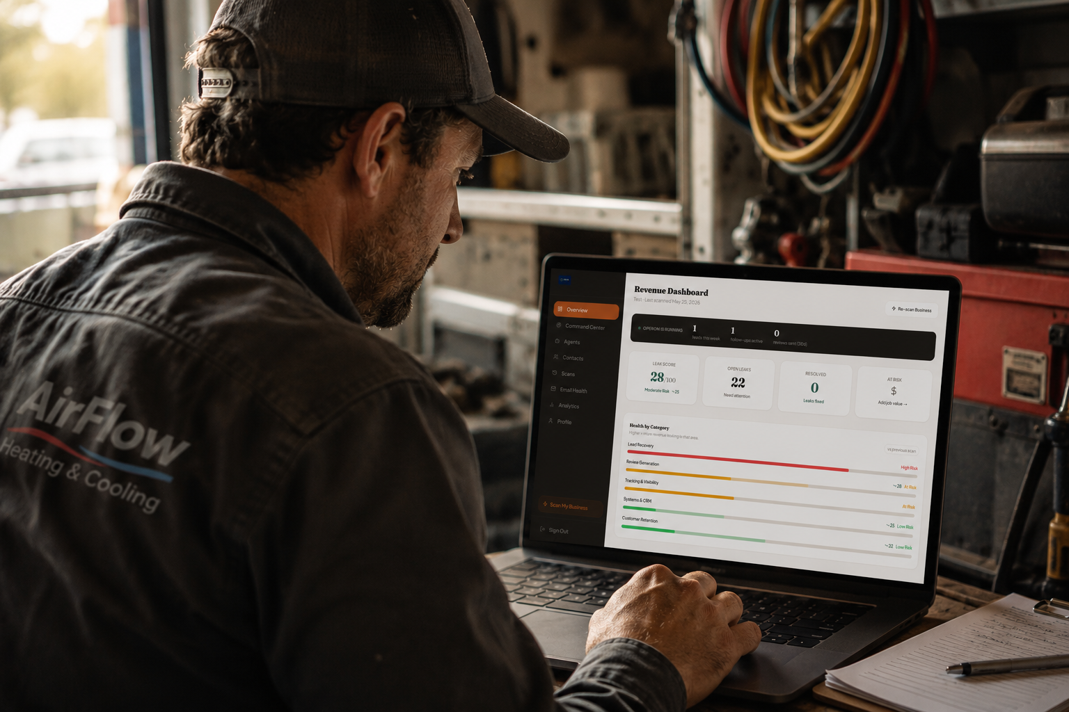 HVAC contractor reviewing revenue dashboard on Operon